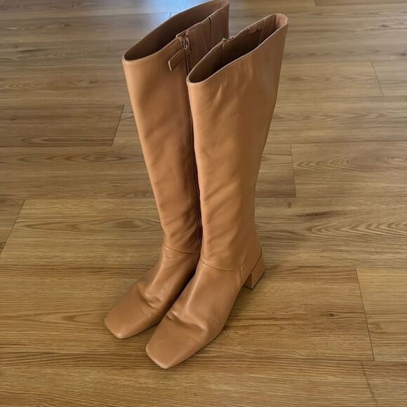 VINCE Women's Kendra Knee High Boots Camel 8 M/38 Block Heel Square Toe Classic - Picture 1 of 10